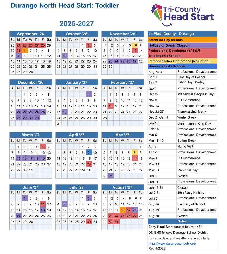 Durango North Early Head Start 2026–2027 calendar