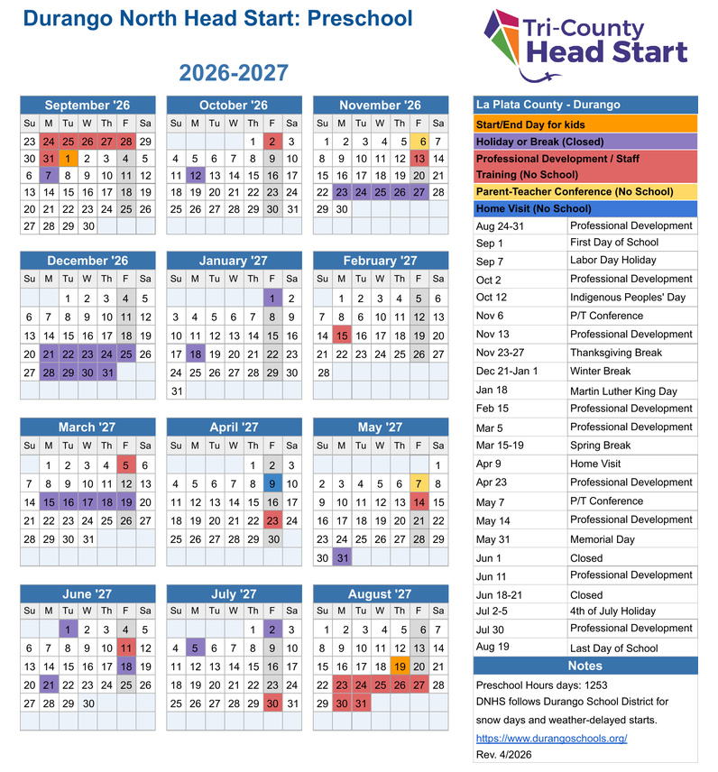 Durango North Head Start 2026–2027 calendar