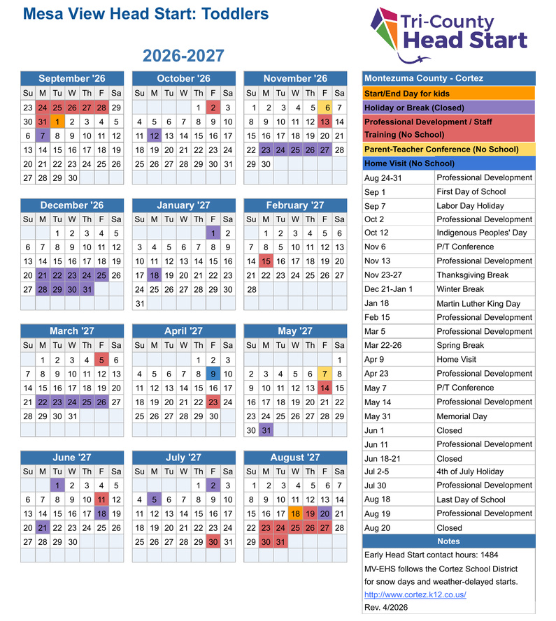 Mesa View EHS 2026–2027 calendar