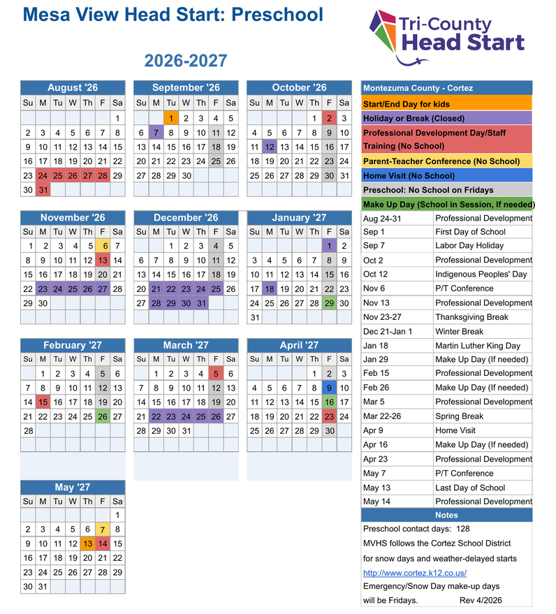 Mesa View HS 2026–2027 calendar