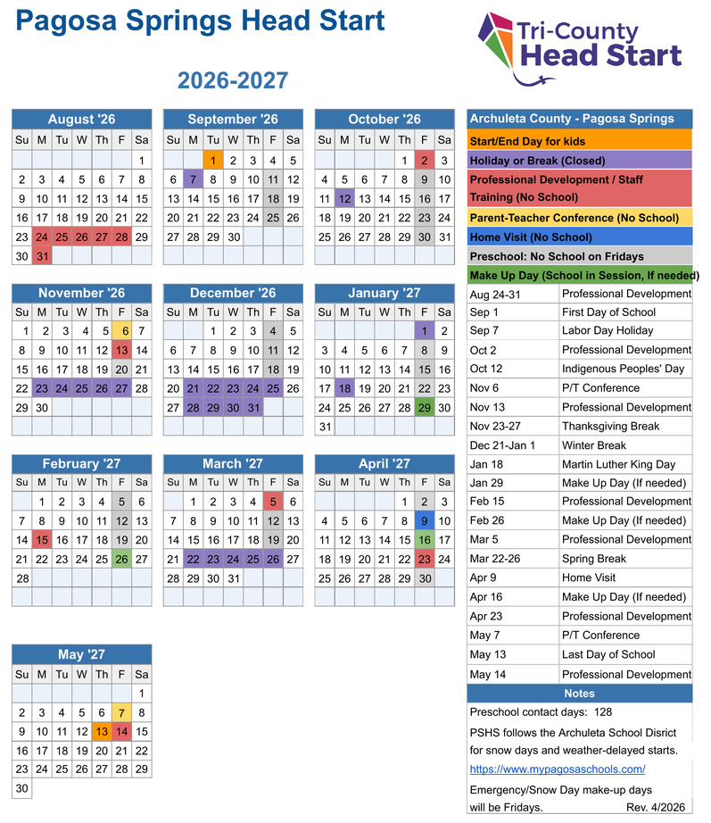 Pagosa Springs HS 2026–2027 calendar
